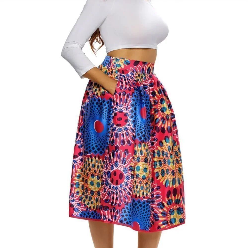 Sexy Vintage High Waist Africa Print A-lined Midi Skirt Size XL